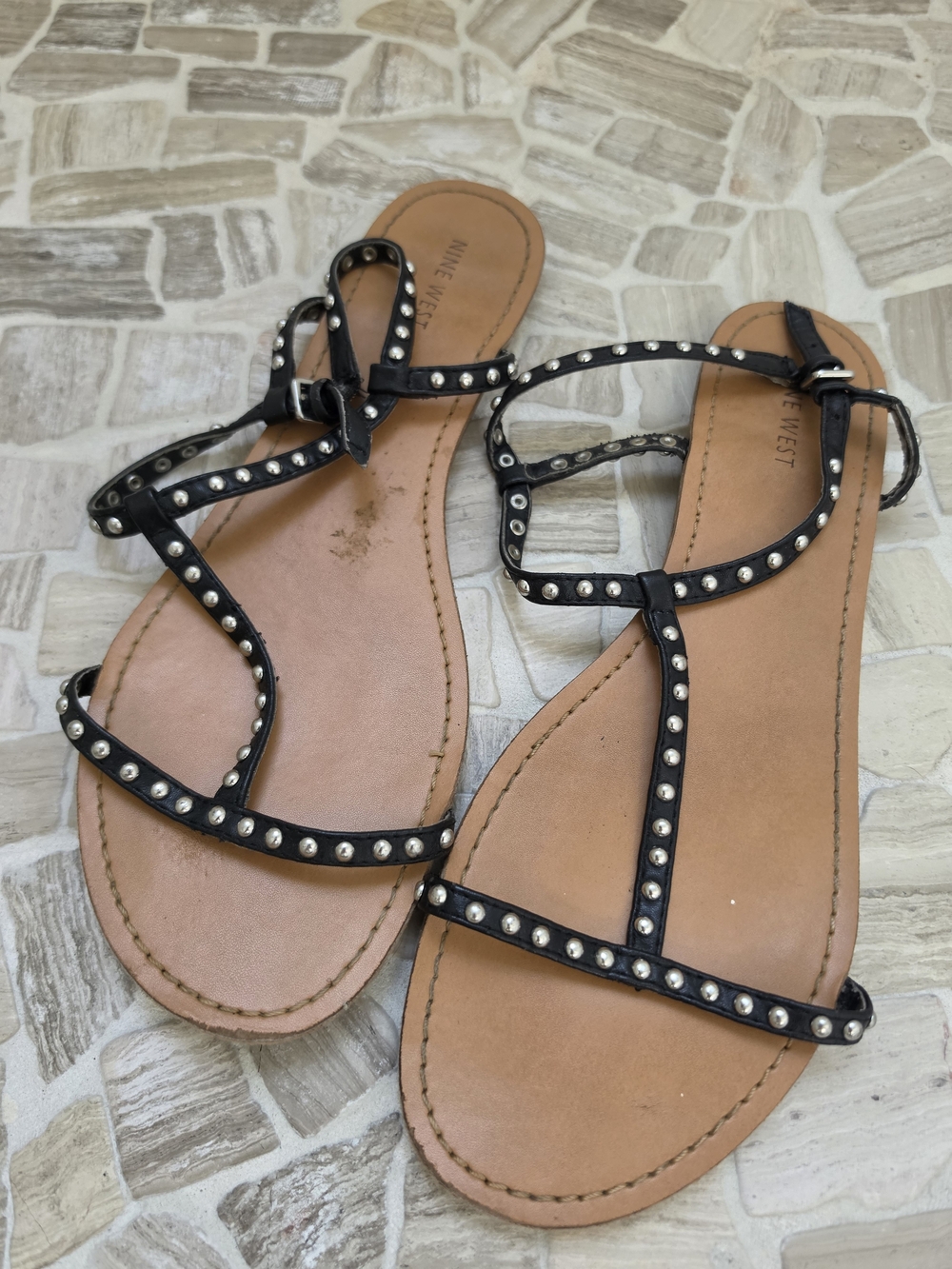 Nine West Black Studded Strappy Leather Sandals